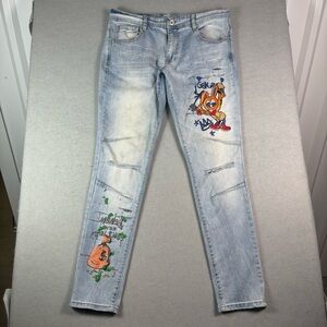Genuine Authentic Men’s Embroidered Jeans 34Wx32L  Blue Streetwear Distressed‎